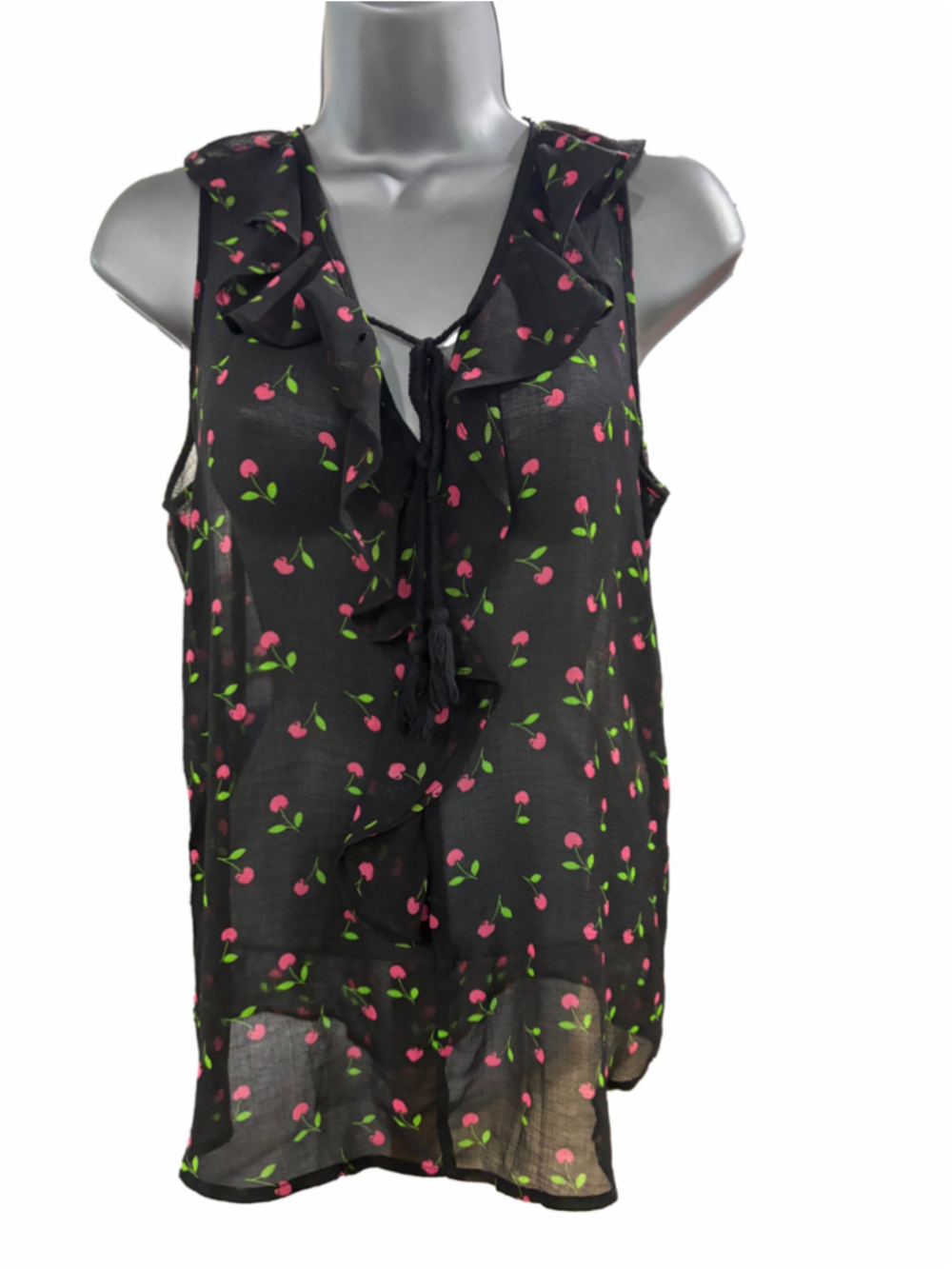 8. Women's No Boundaries Cherry Print Ruffle Blouse Black Pink Size L